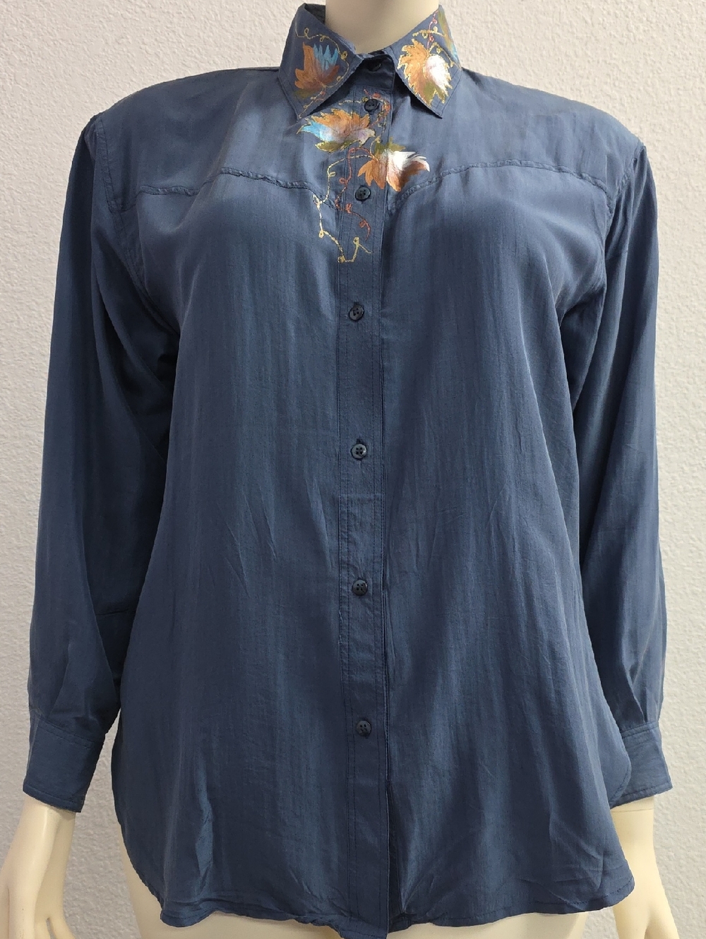 Vintage Blue Silk Western Ranchwear Hand Painted Floral Button Down Blouse